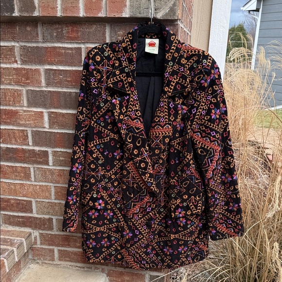 Anthropologie Farm Rio Ladies XL Black Corduroy Embroidered Blazer/Jacket